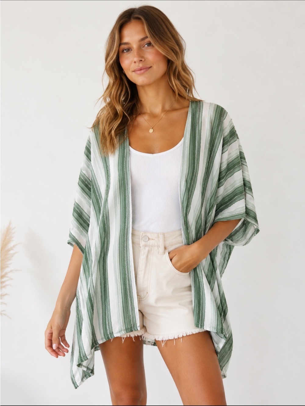My Danielle Green and White Striped Boho Festival Kimono Cardigan Cover Up S